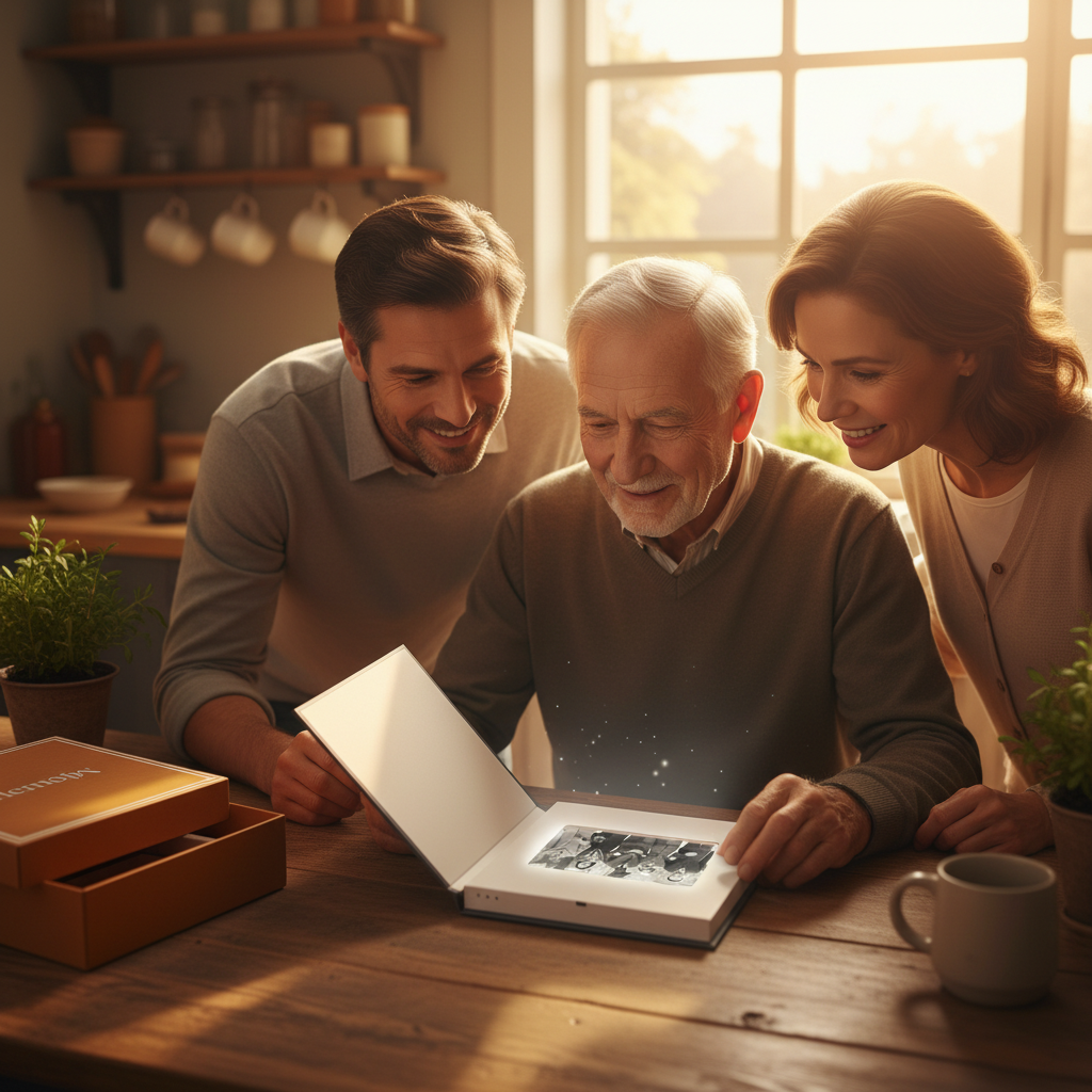 Grandfather with family viewing album with correct cover